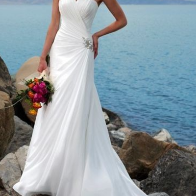 Simple beach boho chiffon wedding dresses, sheath strapless ruched bodice bridal gowns,840