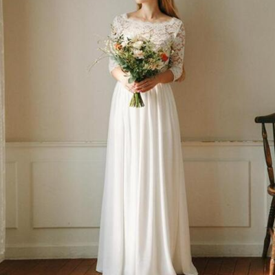 Boho draped floor length bridal gowns simple plus size 3/4 long sleeve chiffon lace appliques two pieces wedding dress,841