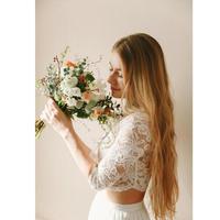 Boho Draped Floor Length Bridal Gowns Simple Plus Size 3/4 Long Sleeve Chiffon Lace Appliques Two Pieces Wedding dress,841 - Thumbnail 2