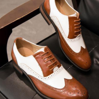 Spectator Two Tone Brogue Wingtip Handmade Leather Oxford Lace Up Formal Shoes - Thumbnail 4