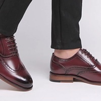 New Oxford Burgundy Handmade Full Brogue Real Leather Men Lace Up Formal Shoes - Thumbnail 1