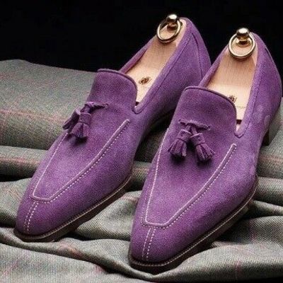 Tassel loafer purple sterling suede leather split toe handmade fashionable shoes