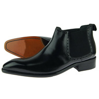 Chelsea Handmade Black Patina Slip On Elastic Panel Men Leather Pull Loop Boots - Thumbnail 4