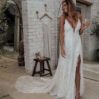 Romantic A Line V Neck Spaghetti Straps Lace Wedding Dresses with Slit, Bridal Dresses - Thumbnail 1