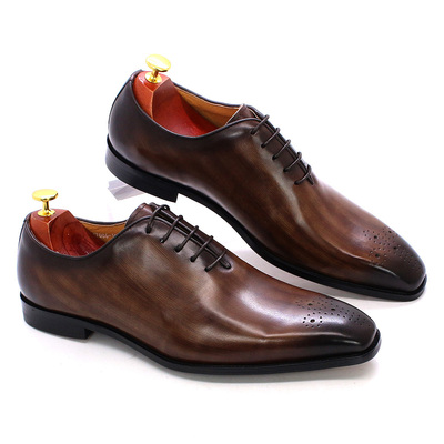 Men oxford wooden brown wholecut patina genuine leather handmade lace up shoes