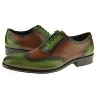 Two Tone Brown Olive Medallion Wingtip Leather Oxford Lace Up Men Formal Shoes - Thumbnail 4