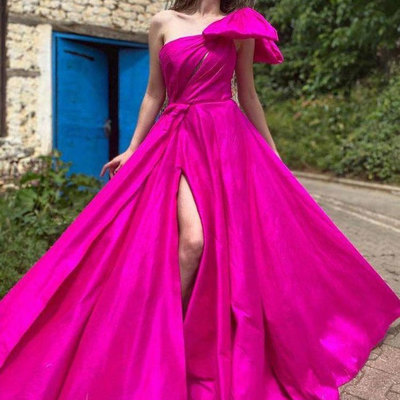 Fuchsia one shoulder bridesmaid dresses slit side - Thumbnail 5