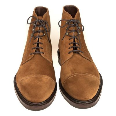 Tan color high ankle rounded cap toe genuine suede leather lace up boots 