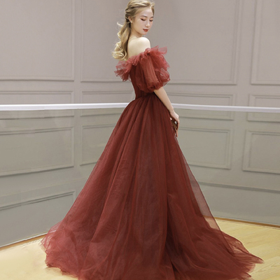 Burgundy tulle long prom dress a line evening dress - Thumbnail 2