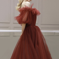 Burgundy tulle long prom dress A line evening dress - Thumbnail 1