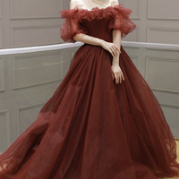 Burgundy tulle long prom dress A line evening dress - Thumbnail 2