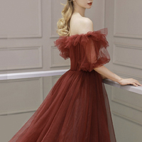 Burgundy tulle long prom dress A line evening dress - Thumbnail 3