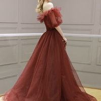 Burgundy tulle long prom dress A line evening dress - Thumbnail 5