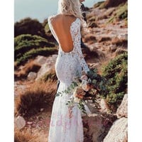 Sexy Backless Ivory Lace Mermaid Wedding Dress with Long Sleeves,115 - Thumbnail 1