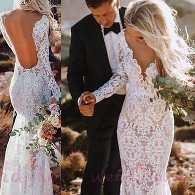 Sexy backless ivory lace mermaid wedding dress with long sleeves,115