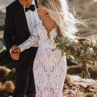 Sexy Backless Ivory Lace Mermaid Wedding Dress with Long Sleeves,115 - Thumbnail 2