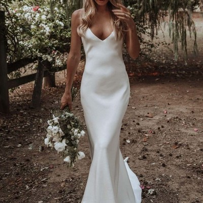 Simple v-neck backless boho wedding dresses, 2021 spaghetti straps satin beach wedding dress,118 - Thumbnail 4