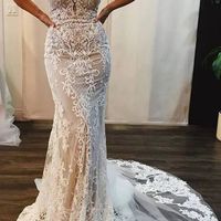 Unique Mermaid V Neck Spaghetti Straps Open Back Lace Wedding Dresses with Train,2021Bridal Dresses,119 - Thumbnail 2