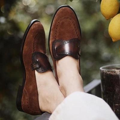 New handmade pure brown leather & brown suede stylish loafer shoes for men's