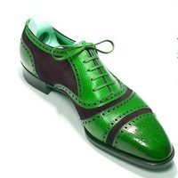 Oxford Men Black Suede Green Genuine Leather Brogue Cap Toe Spectator Shoes - Thumbnail 1