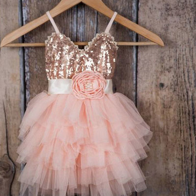 Pink flower girl dresses straps neck with handmade flower  - Thumbnail 3