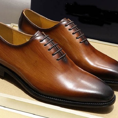 Handmade wooden brown wholecut plain toe balmoral genuine leather men dress shoe