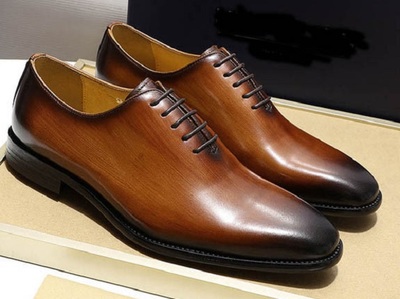 Handmade Wooden Brown WholeCut Plain Toe Balmoral Genuine Leather Men Dress Shoe