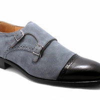 Two Tone Gray Suede Black Monk Double Buckle Strap Cap Toe Leather Shoes  - Thumbnail 4