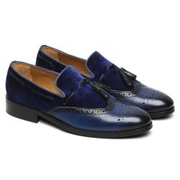 Loafer Slippers Tassel Shoes Navy Blue Suede Leather Premium Quality Men Fashion - Thumbnail 1