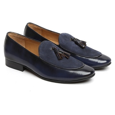 Men's tassel loafer slip on shoes blue suede leather premium quality apron toe