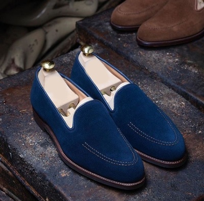 Men's Shoes Moccasin Loafer Slip On Blue Suede Leather Premium Quality Apron Toe