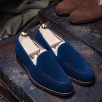 Men's Shoes Moccasin Loafer Slip On Blue Suede Leather Premium Quality Apron Toe - Thumbnail 1