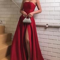 Charming A Line Strapless Dark Red Satin Prom Dresses with Split - Thumbnail 1