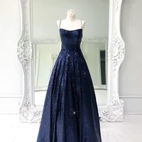 Sparkly Cute Ball Gown Spaghetti Straps Cross Back Navy Sequins Long Prom Gowns - Thumbnail 1