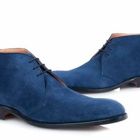Men's Blue Chukka Derby Plain Rounded Toe Suede Leather Black Sole Shoes - Thumbnail 4