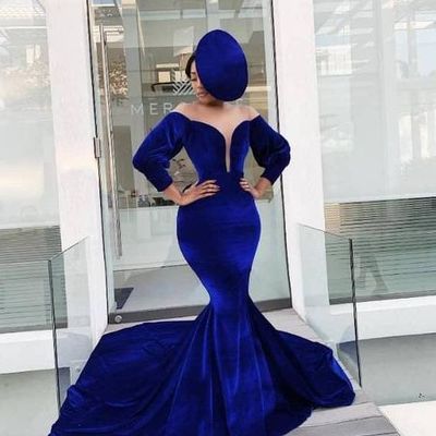 Sexy mermaid off the shoulder royal blue velvet prom evening dresses with train - Thumbnail 4