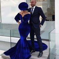 Sexy Mermaid Off the Shoulder Royal Blue Velvet Prom Evening Dresses with train - Thumbnail 1