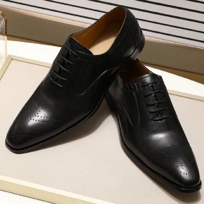 Handmade oxford lace up black brogue pointed toe genuine leather formal shoes