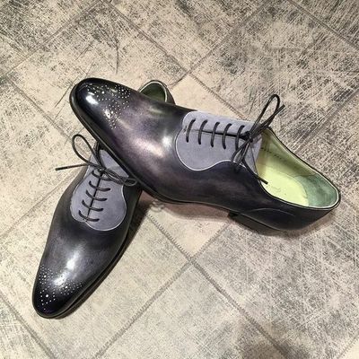 Men two tone gray black oxford medallion toe suede leather laceup shoes