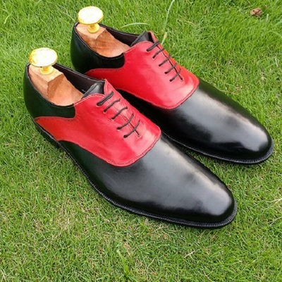 Oxford men's two tone red black contrast derby toe genuine leather lace up shoes