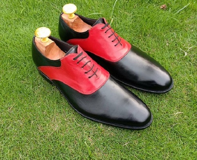 Oxford Men's Two Tone Red Black Contrast Derby Toe Genuine Leather Lace up Shoes