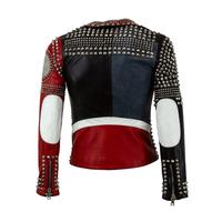 Handmade Women Multicolor Leather Jacket Rock Steam Punk Studded Biker Silver Studs Spiked Jacket - Thumbnail 1
