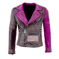 Handmade Women Multicolor Leather Jacket Rock Steam Punk Studded Biker Silver Studs Spiked Jacket - Thumbnail 4