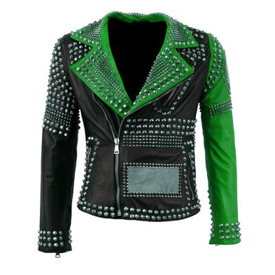 Handmade women multicolor leather jacket rock steam punk studded biker silver studs spiked jacket