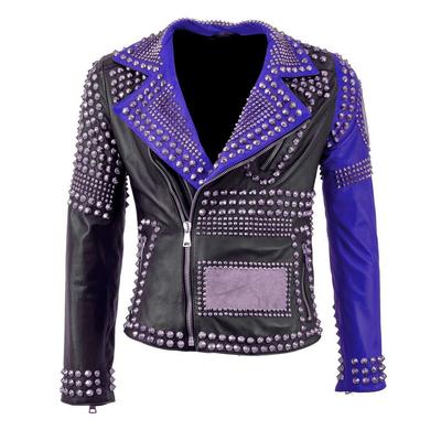 Handmade women multicolor leather jacket rock steam punk studded biker silver studs spiked jacket