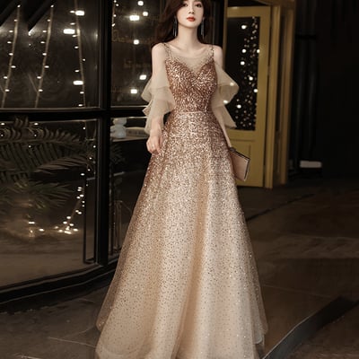 Gold sequins long prom dress evening dress - Thumbnail 4