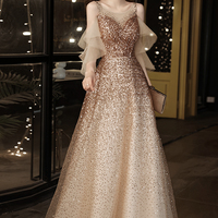 Gold sequins long prom dress evening dress - Thumbnail 6