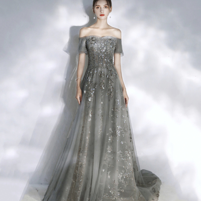 Grey sequins long a line prom dress evening dress - Thumbnail 5