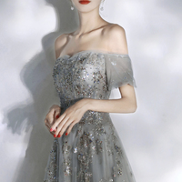 Grey sequins long A line prom dress evening dress - Thumbnail 2