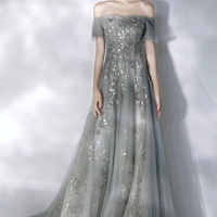 Grey sequins long A line prom dress evening dress - Thumbnail 4